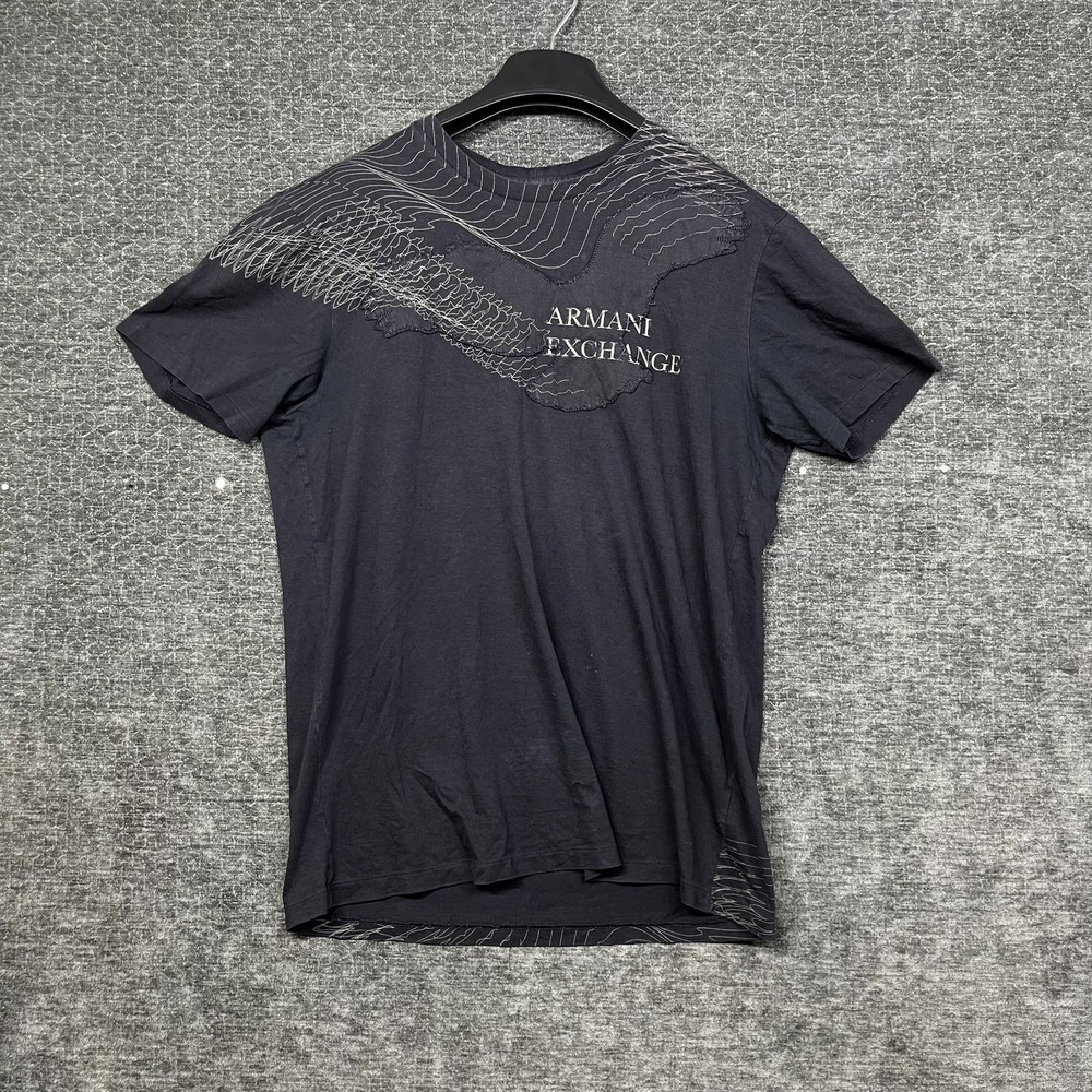 Armani Exchange T-Shirt Men's Black Raw Edge Patch Accent Line Art Graphic - M